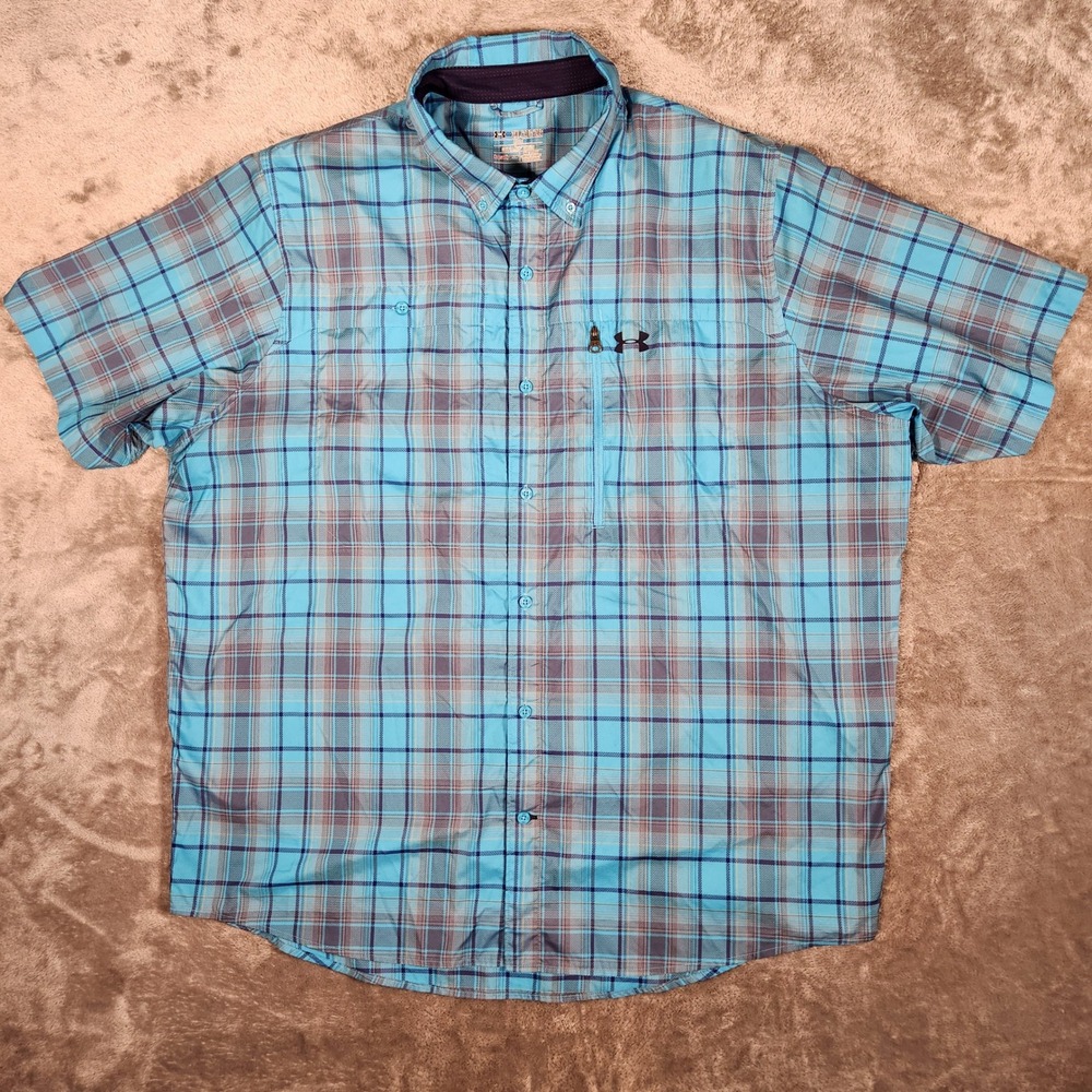 Under Armour Shirt Mens 2XL Fishing 1283192 Blue Plaid Button-Down HeatGear EUC